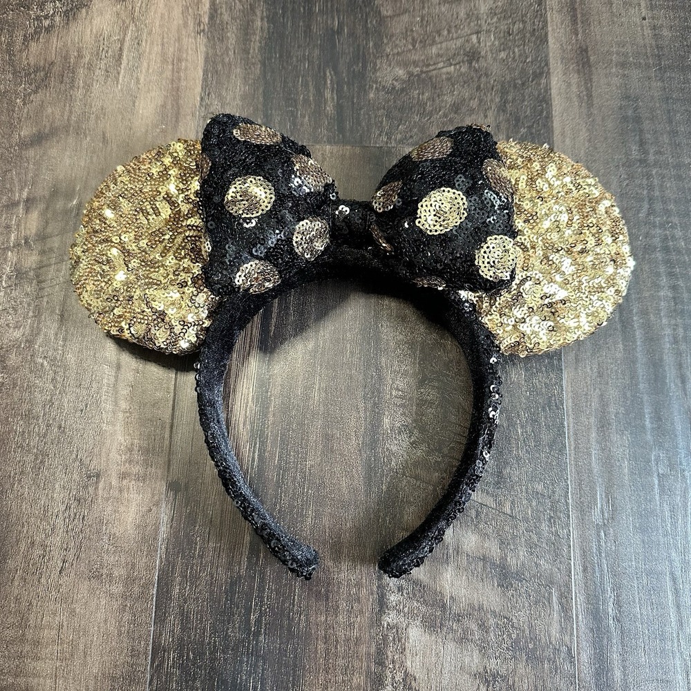 Disney Parks Gold Sequin & Black Bow Gold Polka Dots Minnie Ears Headband No Tag - Picture 1 of 2